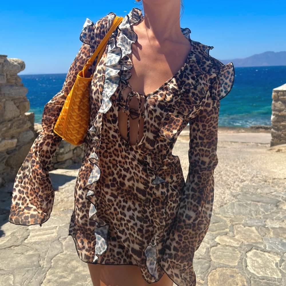 Strawberry Milk Mob Kit Kat Chiffon Dress Leopard Print Cover Up